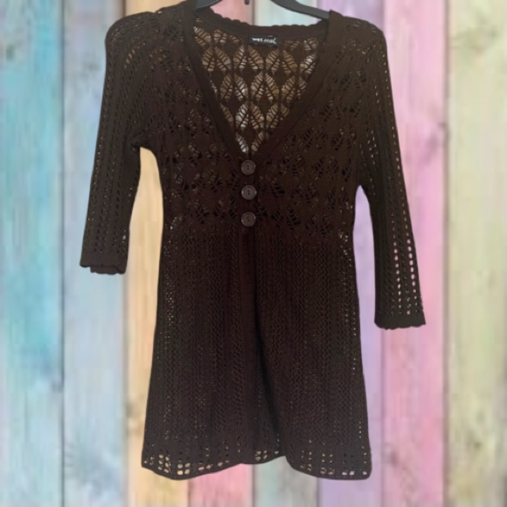 Wet Seal Brown Boho Open Knit Half Sleeve Button Hippie Long Cardigan Sweater